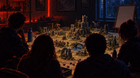 Illustration of four people around a table playing a tabletop wargame in a dim club room with a red light strip.