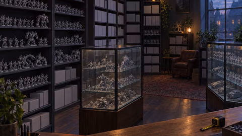 Illustration of a hobby game shop interior with shelves of miniatures, glass display cases and dice on a wooden counter.
