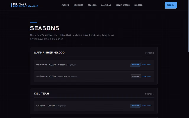 Screenshot of the demo league's seasons archive: past and running seasons listed per game, with player counts and status.